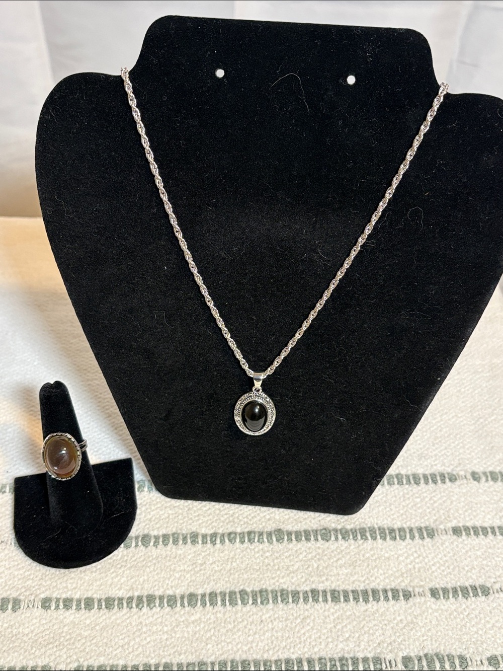 Silver-Tone Black Stone Pendant Necklace and Ring Set